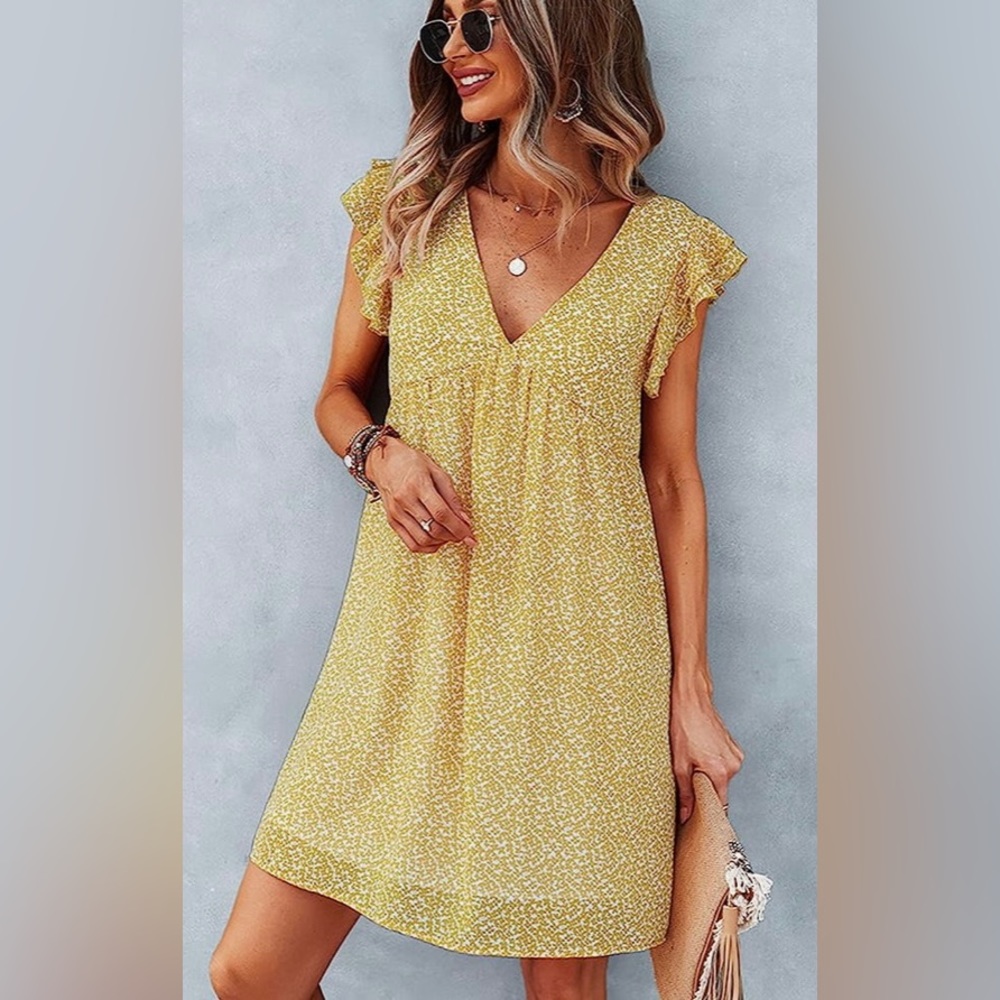 Flowy, Swing, V-Neck, Summer Dress with Cute Ruffle Sleeves